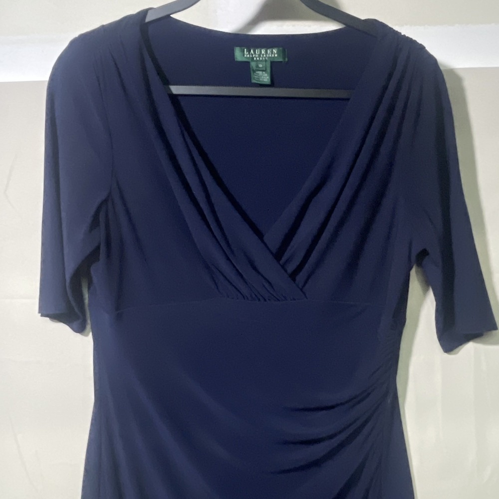 Lauren Ralph Lauren LRL Navy Blue Jersey Faux Wrap Sheath Dress Womens Size 10